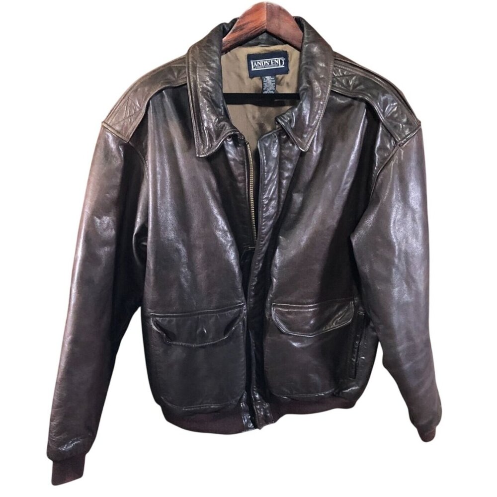 Lands' End Men's Leather Bomber Jacket Large Tall Full Zip Brown Collared